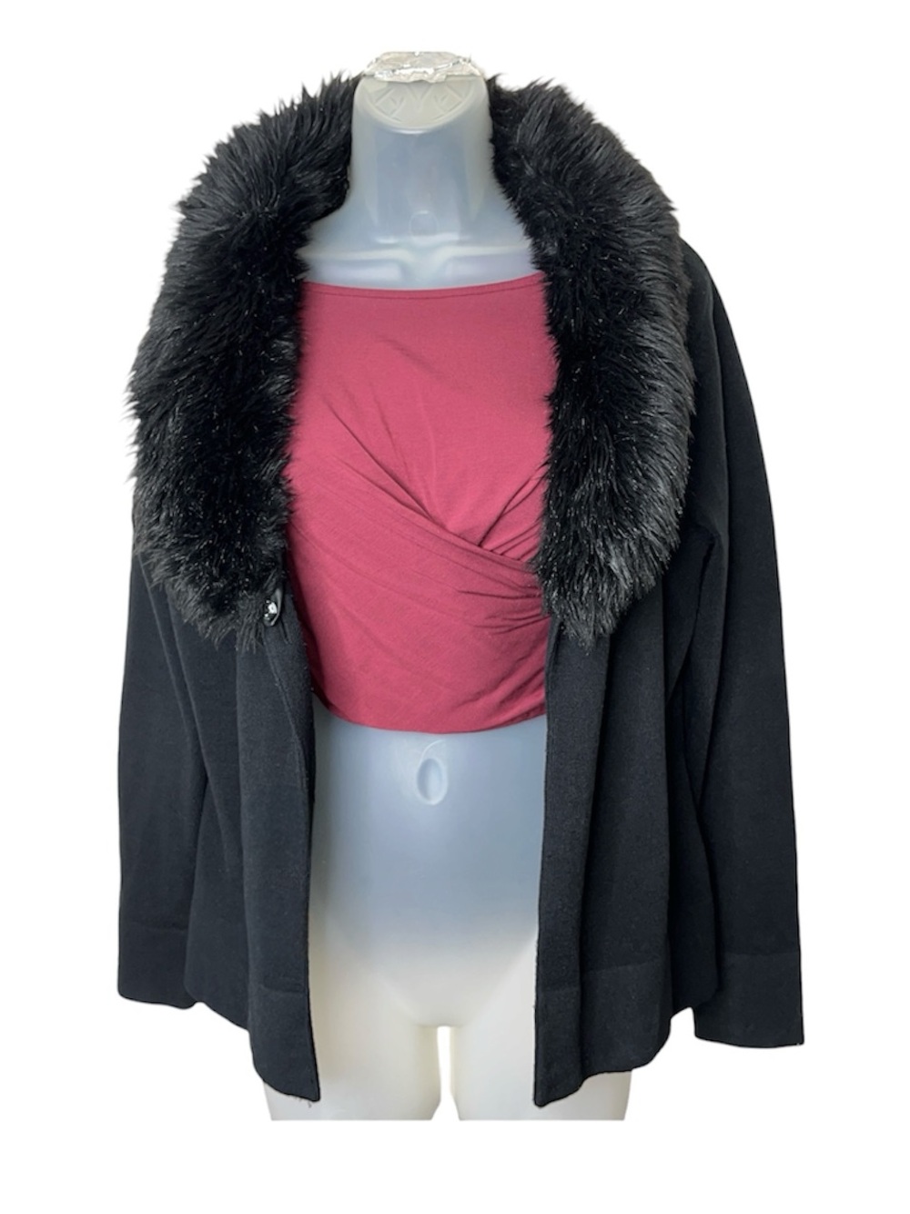 Y2K Style & Co Faux Fur Trim Satin Tie Waist Open Front Jacket Mobwife Winter MP - Picture 7 of 15
